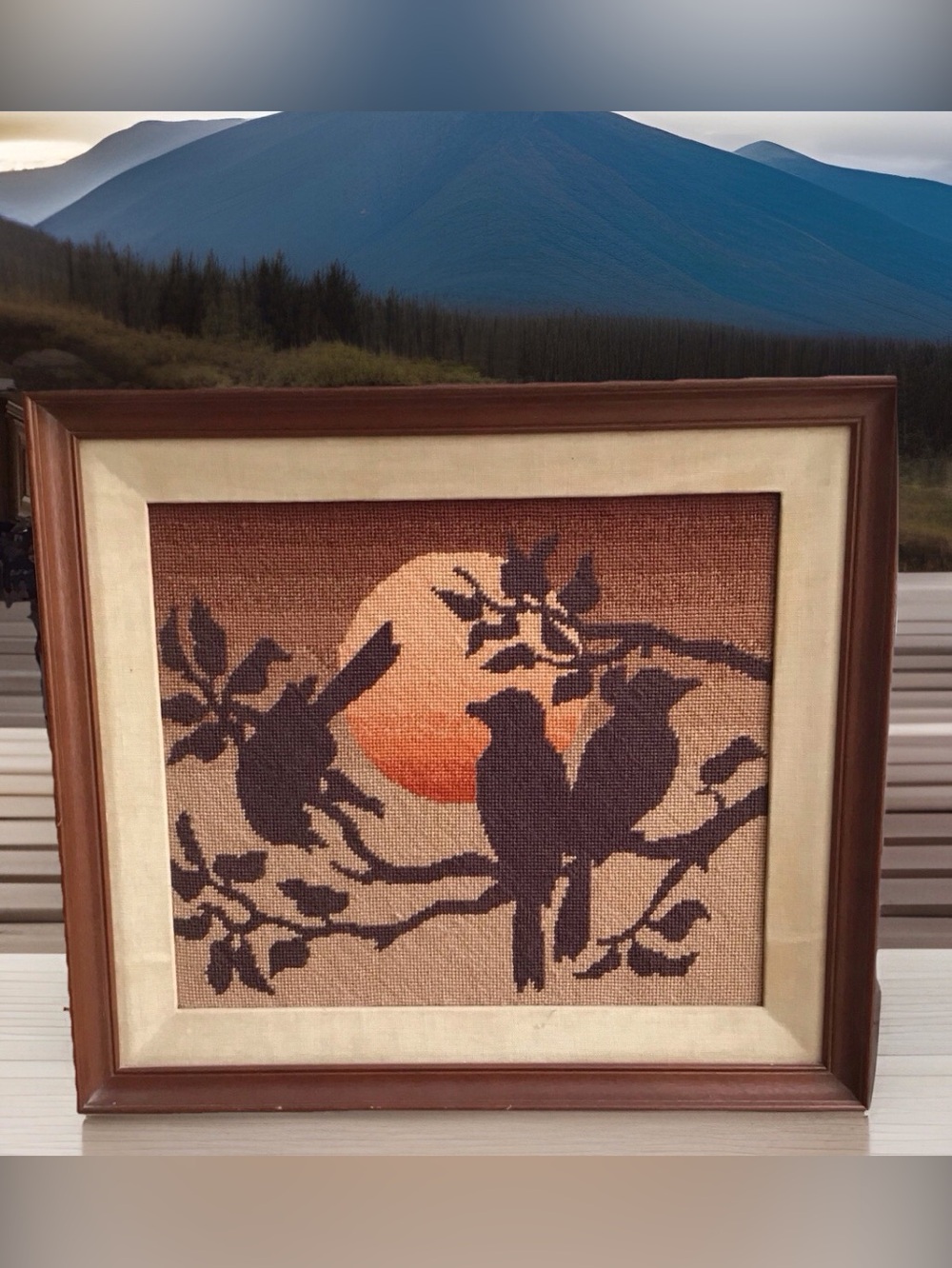Vintage 1970s Framed Needlepoint Birds on Branches at Sunset